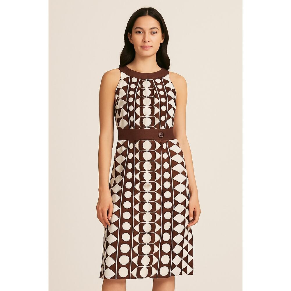 NWT Haroldās Brown White Geometric Print Sleeveless Linen Dress ā Size 10